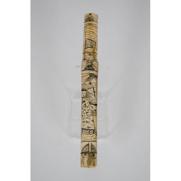 Japanese Bone Tanto Knife : Japanese bone-mounted tanto knife with curved blade, bone hilt and scabbard decorated with figural carvings; Lg. 11.75 in.