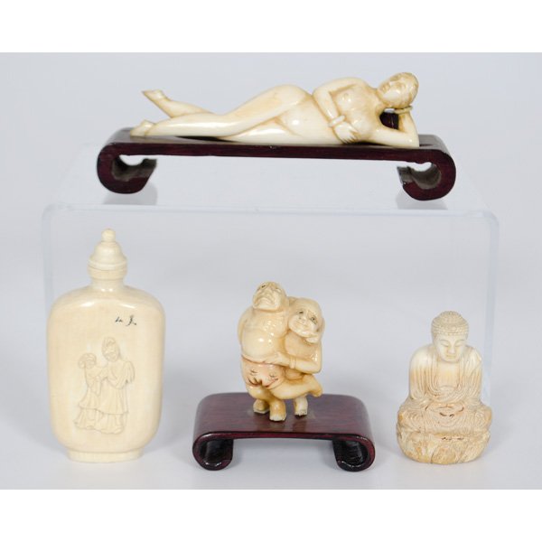 Fine Group of Chinese Ivory Carvings : Ivory, including four (4) carvings, with doctor's lady, 19th century Buddha carving, monkey netsuke and a carved and inked snuff bottle; ht. of longest 4.5 in.