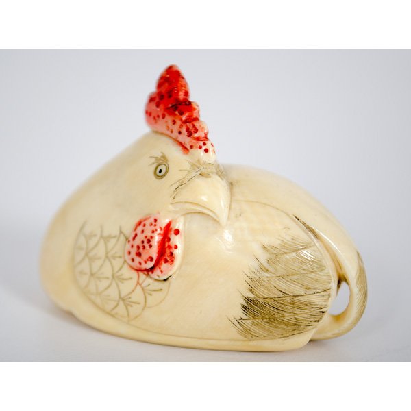 Japanese Chicken Netsuke : Japanese, 20th century. A polychrome painted chicken netsuke; ht. 1 in.