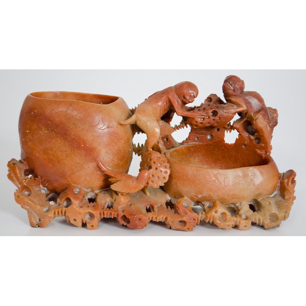 Chinese Soapstone Vase : China, carved soapstone vessel with monkeys and lotus flowers; ht; 5, lg. 9 in.