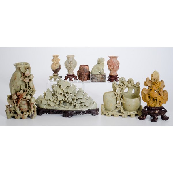 Group of Chinese Carved Soapstone : China, group of nine carved soapstone items, including vases, seal; largest lg. 9.75 in.