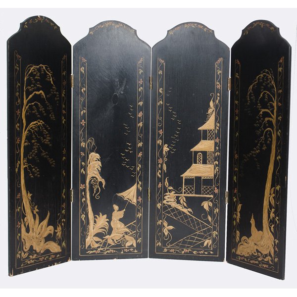 Chinese Decorative Screen : Chinese, 20th century. A four-panel black painted screen with gilded and polychrome decorations of a figure and birds in a landscape. The backside is not decorated; each panel ht. 34, wd. 11, overall 
