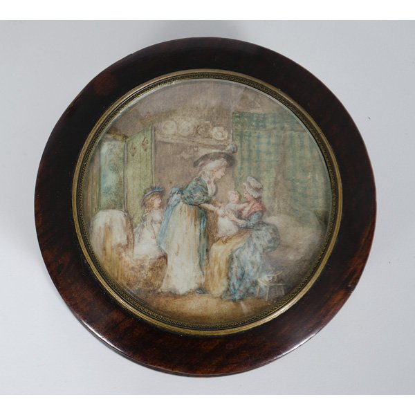 Wooden Dresser Box with Victorian Painting : Continental, 19th century. Wooden dresser box with a Victorian painting of two women and young children beneath glass on the lid; diameter 4.25 in.