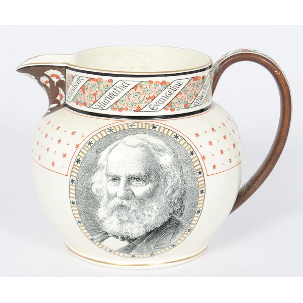 Wedgwood Henry Wadsworth Longfellow Jug : English, second half 19th century. A transfer-printed and polychrome decorated creamware pitcher by Josiah Wedgwood & Sons with portrait of Longfellow on obverse, and first stanza of Longfellow's poem