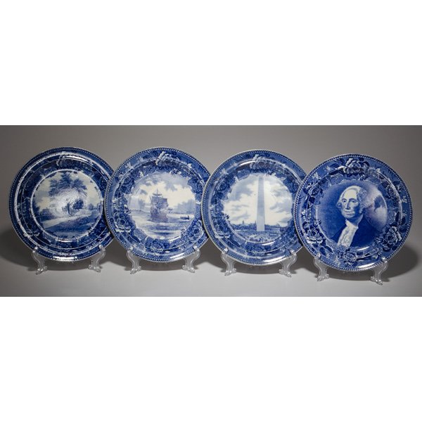 Wedgwood Flow Blue Plates : American, ca 1899-1901. A group of four Wedgwood flow blue luncheon plates, each with different transfer print depicting George Washington, The Birthplace of Whittier, Mayflower in Plymouth Ha