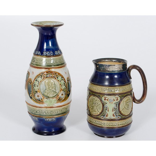 Commemorative Royal Doulton Tablewares : British. Two Royal Doulton commemorative tablewares, including a jug and a vase, each with In Commemoration of the Coronation of the Majesties / King Edward VII & Queen Alexandre - Anno D