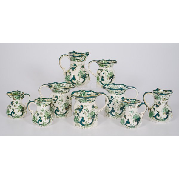 Mason's Ironstone Chartreuse Service China : English, an assembled group of nine Mason's ironstone pitchers in the Chartreuse pattern, all marked Mason's Ironstone; largest ht. 6 in.