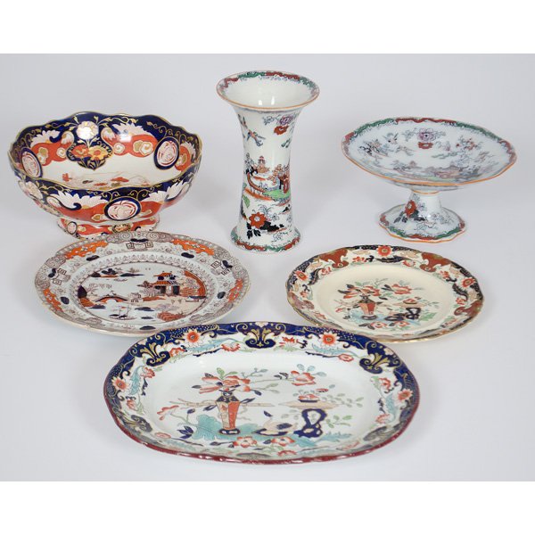 Mason's Ironstone China Service : British. A twelve-piece assembled collection of Mason's Ironstone china service including one vase, one punch bowl, six dinner plates, one luncheon plate, one platter, and two compotes, all marked M