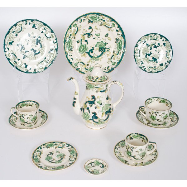Mason's Ironstone Chartreuse Tablewares : English, an assembled group of Mason's ironstone china, including one coffee pot, eighteen dinner plates, twelve luncheon plates, five salad plates, six dessert plates, eight butter pats, three coffee