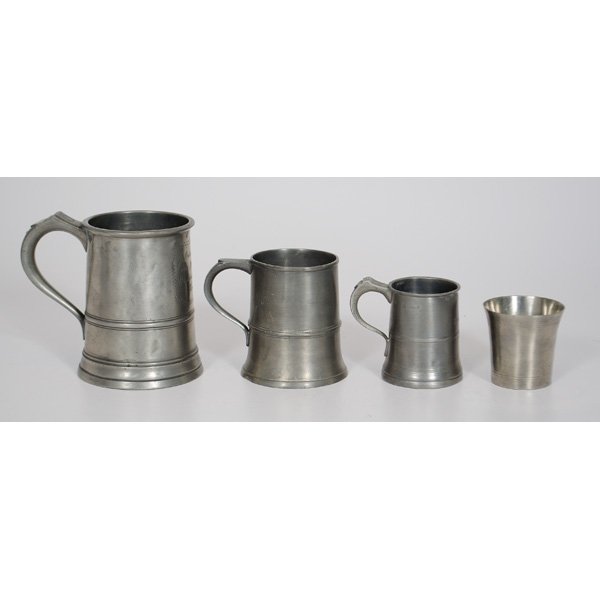 English Pewter Mugs and Beakers : English, 19th century. An assembled group of pewter vessels, including a quart size mug, five pint size mugs, one half pint mug, and eleven beakers, various marks; tallest ht. 6 in.