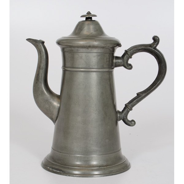Isaac Lewis Pewter Coffee Pot : American, 19th century. A lighthouse form pewter coffee pot, marked I.C. Lewis on underside; ht. 11 in.