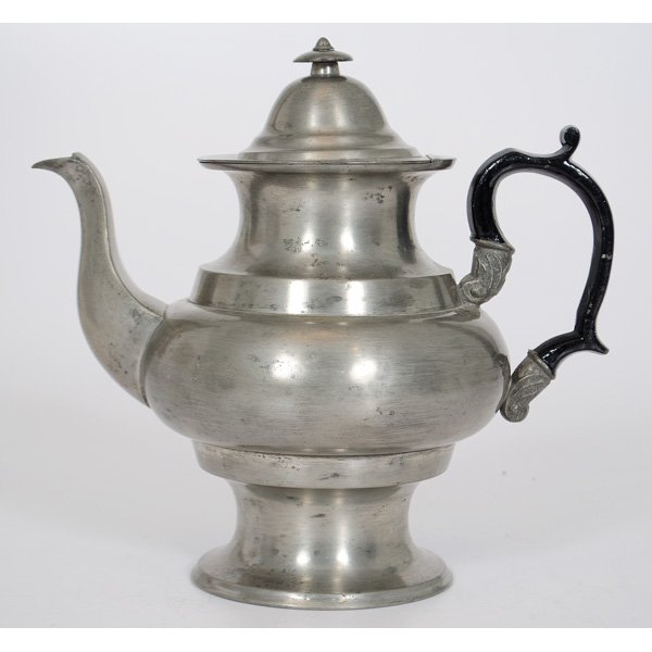 JD Locke Pewter Teapot : American, 19th century. A pewter bulbous shaped teapot with painted scrolled handle and hinged lid, marked JD Locke; ht. 9.25 in.