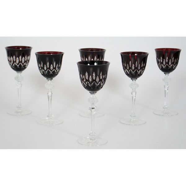 Bohemian Cut to Clear Wine Glasses : Bohemia, a set of six tall stem wine glasses with cased dark ruby cut to clear bowls, faceted and cut tall stems, unmarked; ht. 9 in.