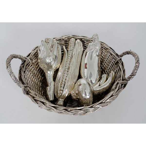 Verdura Sterling Vegetables : Italian, ca 1968-1973. A four-piece set of Verdura sterling hollow-ware in the shape of an eggplant, corn on the cob, a baby artichoke, and an onion, the onion and baby artichoke marked Verdura / 925 