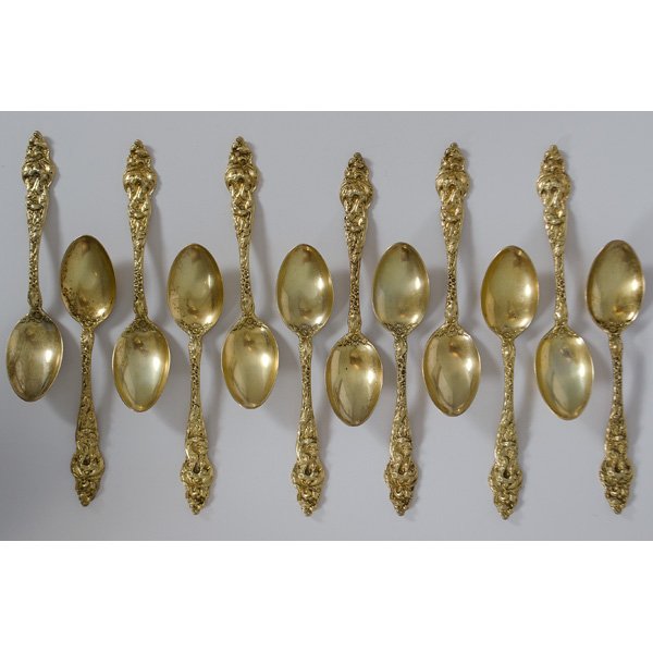 Reed and Barton Les Six Fleurs Silver Gilt Demitas: American, 20th century. A set of twelve Reed and Barton sterling silver gilt demitasse spoons in Les Six Fleurs pattern, marked for sterling and for Reed and Barton; lg. 4.25 in., silver wt. 5.49ozt (