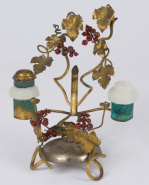 Tiffany Studios Inkwell : American. A center pin holder with leaves and grapes, flanked by two opalescent glass bottles, marked Tiffany Studios, N.Y.; ht. 9 in.