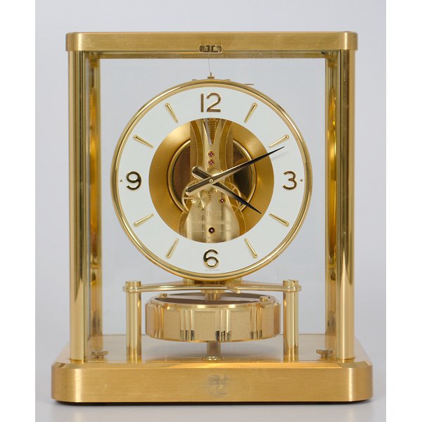 Jaeger Le Coultre Atmos Clock : Marked on back, fine regulator clock; ht. 9, wd. 7.5, dp. 6 in.