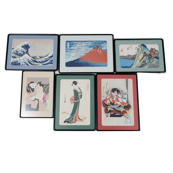 Japanese Woodblock Prints : Japanese. Six woodblock prints including a wave print by Hokusai, a mountainous landscape by Hiroshige, a geisha and man, a standing geisha with instrument, a mountain print by Hiroshige, and