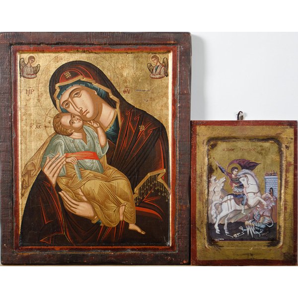 Greek Icons : 20th century, a pair of Greek Icons on wood, the first depicting mother and child, the second St. Jerome; largest 15 x 12 in.