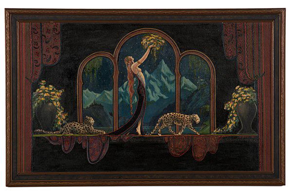 Art Deco Scene After Maxfield Parrish by L.E. Wiede: Art Deco Scene After Maxfield Parrish by L.E. Wiederle L.E. Wiederle (Unknown, 20th century). Oil on board, in the manner of Maxfield Parrish's work, signed and dated 1928 l.r.; 20.25 x 35 in (Sight