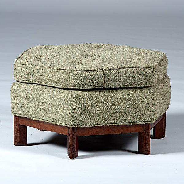 Frank Lloyd Wright Ottoman : Frank Lloyd Wright Ottoman American, ca 1950s. A Frank Lloyd Wright hexagonal ottoman, manufactured by Heritage Henredon, upholstered seat on a Taliesin wood base, original finish; ht. 12 in.