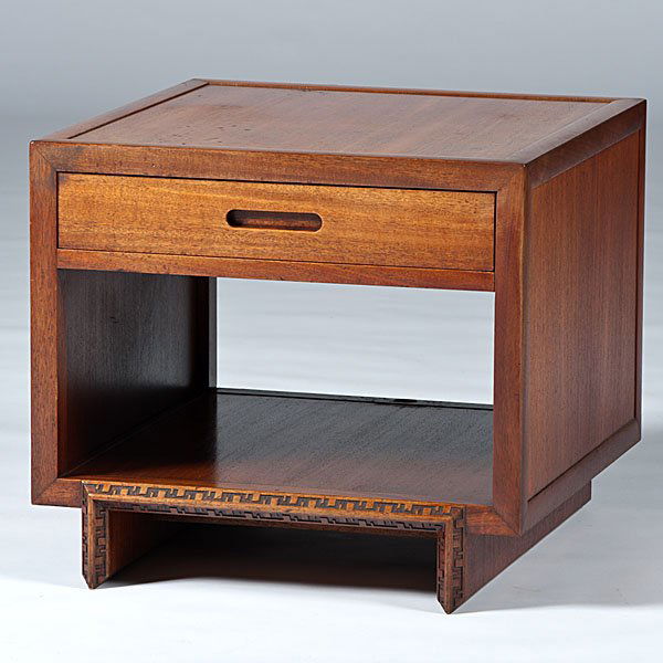 Frank Lloyd Wright End Table : Frank Lloyd Wright End Table American, ca 1950s. A Frank Lloyd Wright end table, manufactured by Heritage Henredon having Taliesin design to edges, branded Heritage Henredon by Frank Lloyd Wright;