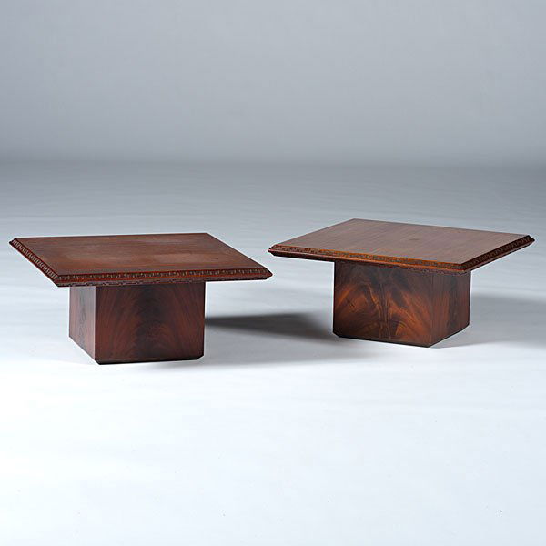 Frank Lloyd Wright Tables : Frank Lloyd Wright Tables American, ca 1950s. A pair of Frank Lloyd Wright end tables, manufactured by Heritage Henredon having Taliesin design to edges, branded Heritage Henredon by Frank Ll