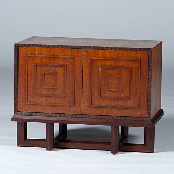 Frank Lloyd Wright Chest On Stand : Frank Lloyd Wright Chest On Stand American, ca 1950s. A mahogany chest on stand, manufactured by Heritage Henredon having Taliesin design to edges; ht. 26 in., wd. 33 in., dp. 20 in.