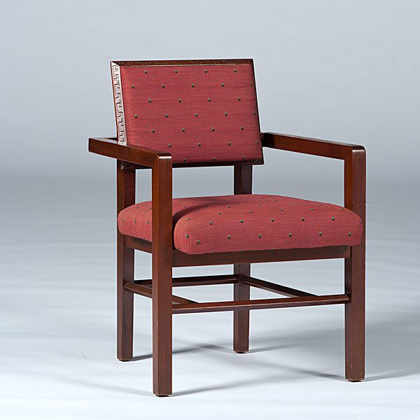 Frank Lloyd Wright Desk Chair : Frank Lloyd Wright Desk Chair American, ca 1950s. A Frank Lloyd Wright mahogany desk chair, manufactured by Heritage Henredon, having Taliesin design to edges; ht. 32 in.