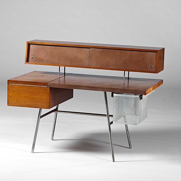George Nelson Home Office Desk : George Nelson Home Office Desk Home office desk designed by George Nelson for Herman Miller, with walnut frame, tan leather writing top and sliding doors, flip top storage compartment, and mesh stee
