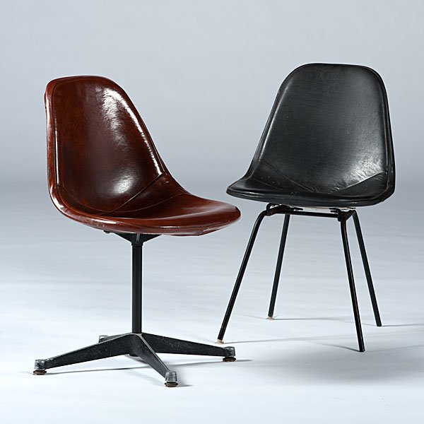 Herman Miller Chairs : Herman Miller Chairs Two Herman Miller side chairs, designed by Charles and Ray Eames Ca. 1950's. One with molded plastic and brown vinyl seat covering on an aluminum swivel base. The other with a w