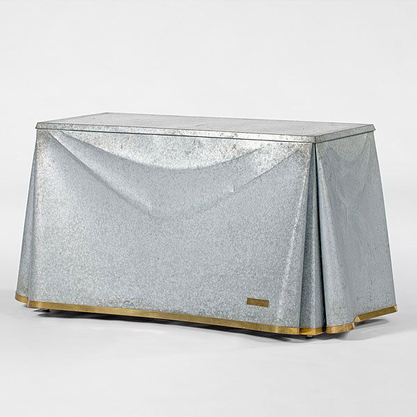 John Dickinson (American, 1920-1982), Galvanized St: John Dickinson (American, 1920-1982), Galvanized Steel Table American, 1970s console table. A galvanized steel table in the form of a draped table with cloth folds and a one inch brass band on the s