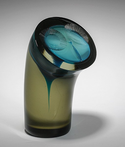 Alfredo Barbini Art Glass Owl : Alfredo Barbini Art Glass Owl Italian, ca 1950s, an Alfredo Barbini art glass sculpture of a wide eyed owl, inscribed A. Barbini on underside of base: ht. 8 in.