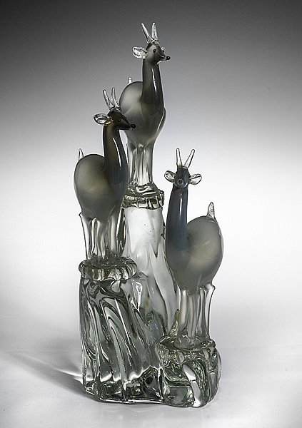 Alfredo Barbini Art Glass Deer Sculpture : Alfredo Barbini Art Glass Deer Sculpture Italian, ca 1950s, an Alfredo Barbini art glass sculpture depicting three deer on cliff edge, inscribed A Barbini: ht. 21in