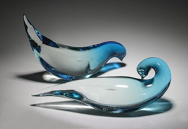 Alfredo Barbini Art Glass Doves : Alfredo Barbini Art Glass Doves Italian, ca 1950s, a pair of Alfredo Barbini blue art glass dove figurines, each with incised signature Barbini Murano: lg. 12 in.