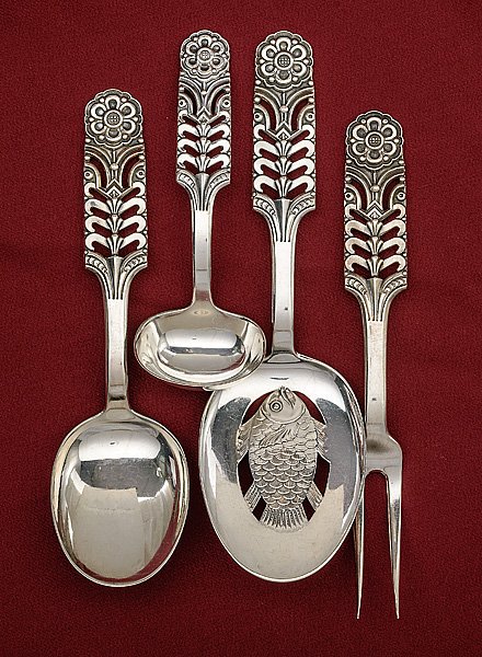 David Anderson Sterling Fish Service : David Anderson Sterling Fish Service Norwegian, ca 1921-present. A four-piece sterling silver fish service including a slotted spoon, serving fork, serving spoon, and ladle, all marked DA 925S / N