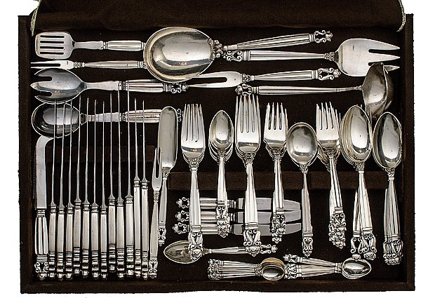 Georg Jensen Acorn Sterling Flatware, Plus : Georg Jensen Acorn Sterling Flatware, Plus Danish, ca 1945-present. An eight-two piece George Jensen Acorn pattern sterling silver flatware set including two master dinner knives, eight dinner kni