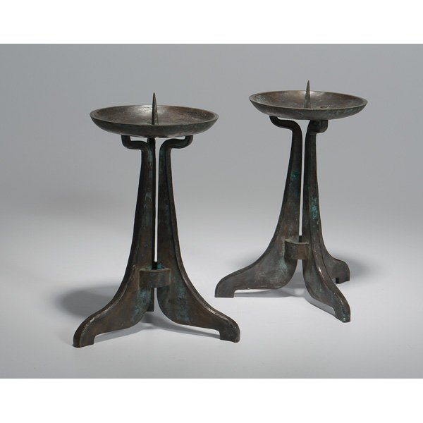 20th Century Bronze Pricket Sticks : 20th Century Bronze Pricket Sticks Probably Austrian or German, early 20th century. A pair of hand-wrought patinated bronze pricket sticks, each with a tripod base, the legs of which connected with 