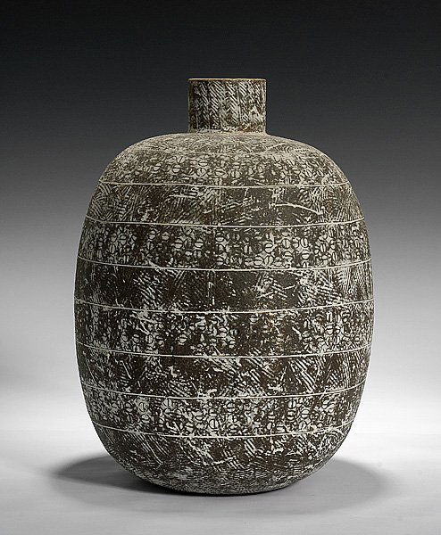 Claude Conover Vessel : Claude Conover Vessel American, ca 1970's a bulbous vessel with horizontal lines and interlocking design, marked Claude Conover "Vech"; ht. 15 in.