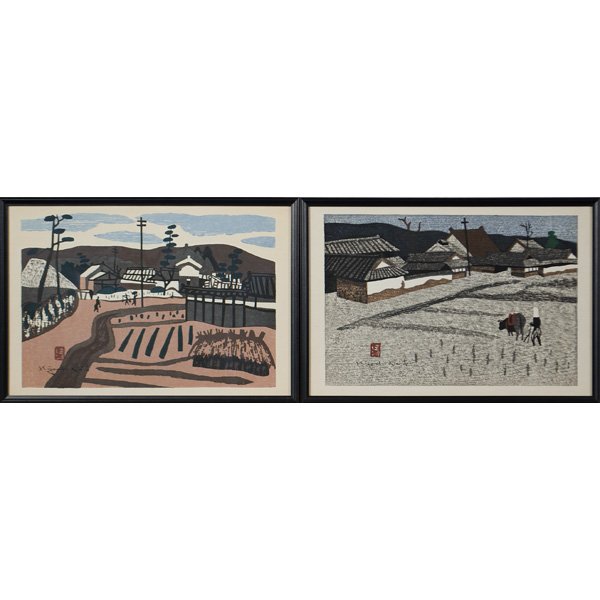Farm Scene Woodblocks by Kiyoshi Saito : Farm Scene Woodblocks by Kiyoshi Saito Kiyoshi Saito (Japanese, 1907-1997). woodblocks on paper, depicting farms in summer and winter, each signed within plate; 10.25 x 15.25 in.