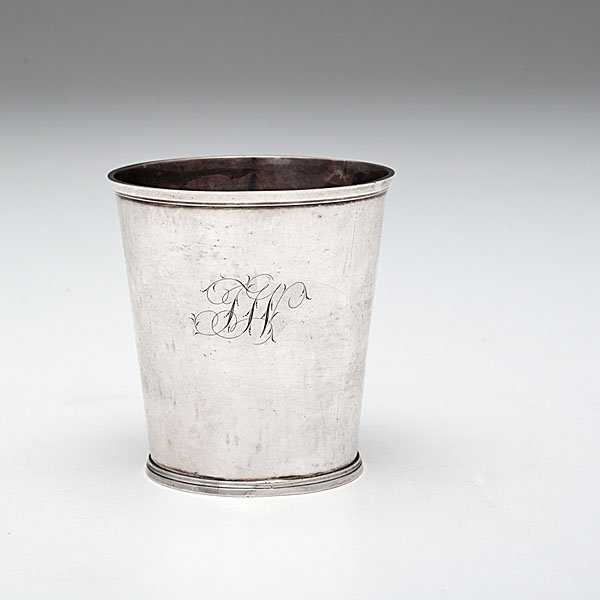 Coin Silver Beaker by Hugh Wishart : Coin Silver Beaker by Hugh Wishart American (New York), ca. 1800. A tall coin silver beaker, bright-cut monogram engraving, marked Wishart for Hugh Wishart (New York, w. 1794-1819) and engraved 