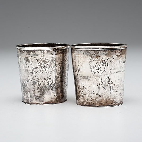 Rhode Island Coin Silver Beakers : Rhode Island Coin Silver Beakers American (Newport, RI), early 19th century. A pair of coin silver beakers of cylindrical form, each engraved with two initials within a bright-cut shield, and stru