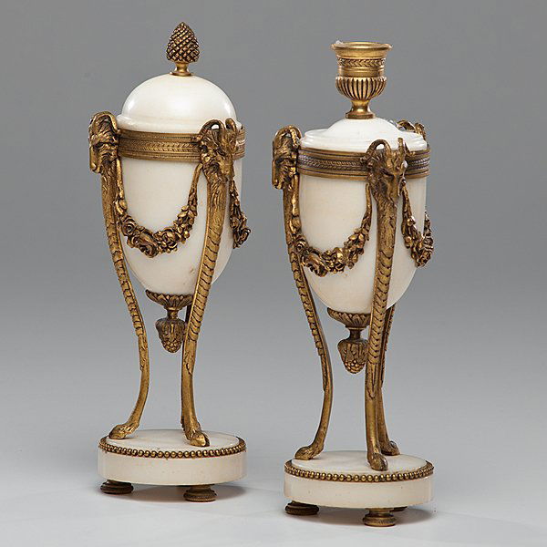 Neoclassical Alabaster Cassolettes : Neoclassical Alabaster Cassolettes English, early 19th century. A pair of Neoclassical alabaster and gilt metal cassolettes each having an urn form with tapering body and grape finial, floral swags,
