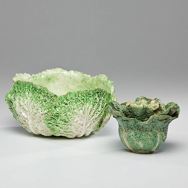 Glazed Earthenware Cabbage Bowls : Glazed Earthenware Cabbage Bowls English and Continental, 19th century. Glazed earthenware bowls in the shape of cabbages, one having a cover, in green and dark green; largest ht. 5, diam. 9.5