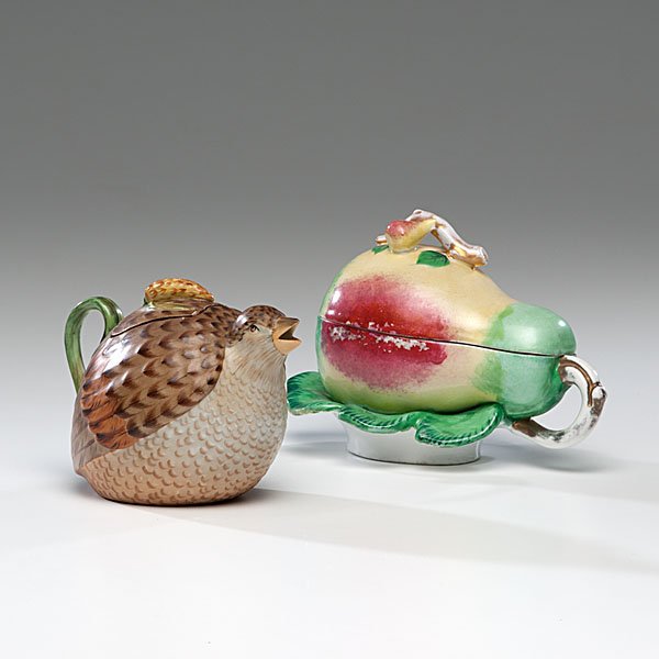 Russian Porcelain Tablewares : Russian Porcelain Tablewares Russian, 19th. Two painted porcelain tablewares, including a teapot in the shape of a open-beaked quail in brown and green, marked for Dmitrov Porcelain (also known 