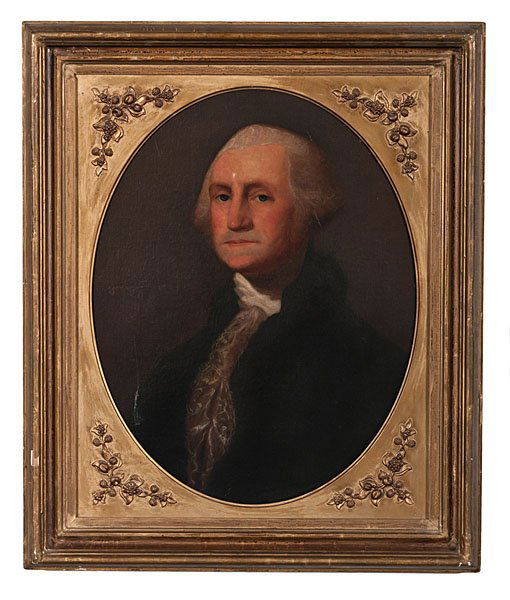 19th Century Portrait of Washington After Gilbert: 19th Century Portrait of Washington After Gilbert Stuart American, middle 19th century. An unsigned portrait of George Washington after the work of Gilbert Stuart. Fine oval frame with gesso orna
