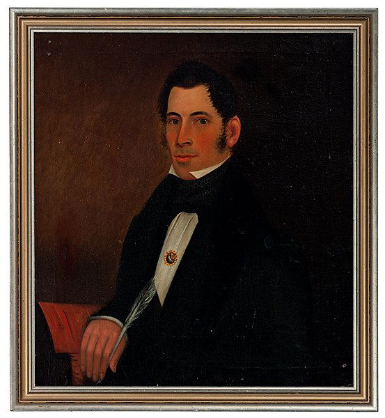 Pair of 19th Century Portraits by Ammi Phillips (A: Pair of 19th Century Portraits by Ammi Phillips (Attributed) Attributed to Ammi Phillips (American, 1788-1865), ca 1836. Oil on canvas portraits of a man and wife, the man wearing a brooch and hold