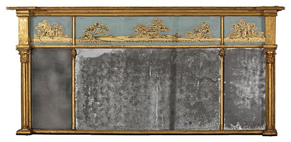Eglomisé Overmantle Mirror : Eglomisé Overmantle Mirror English, ca 1800. A Regency carved giltwood and eglomisé overmantle mirror, having a molded cornice above three landscape eglomisé panels, three mirror plates below, fl