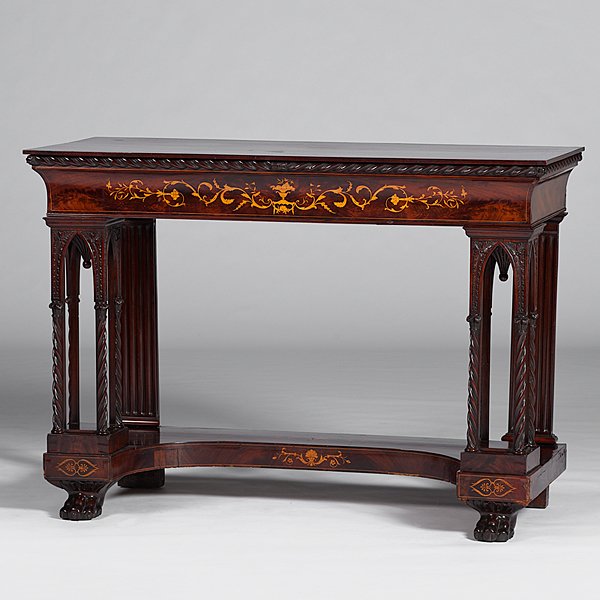 Edwardian Inlaid Mahogany Console Table : Edwardian Inlaid Mahogany Console Table English, 19th century. A mahogany console table with satinwood inlays, having a rectangular top with a rope-carved border above an inlaid frieze of classical 