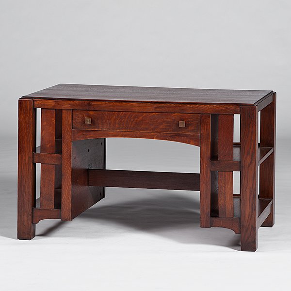 Limbert Arts & Crafts Library Table : Limbert Arts & Crafts Library Table American, ca 1905-1920. A Limbert Arts & Crafts oak library table, having side shelving, original finish, original hardware, Limbert brand mark to inside drawer;